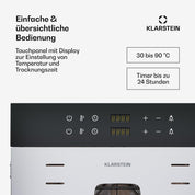 Klarstein Dörrautomat Edelstahl – 4.000-W-Dörrgerät, 48 Edelstahl-Einlegeböden, 30–90 °C, 24-Stunden-Timer, 6 Ventilatoren, 2 Trockenkammern, 50–55 dB, ideal für Obst, Gemüse, Fleisch, Kräuter, Silber