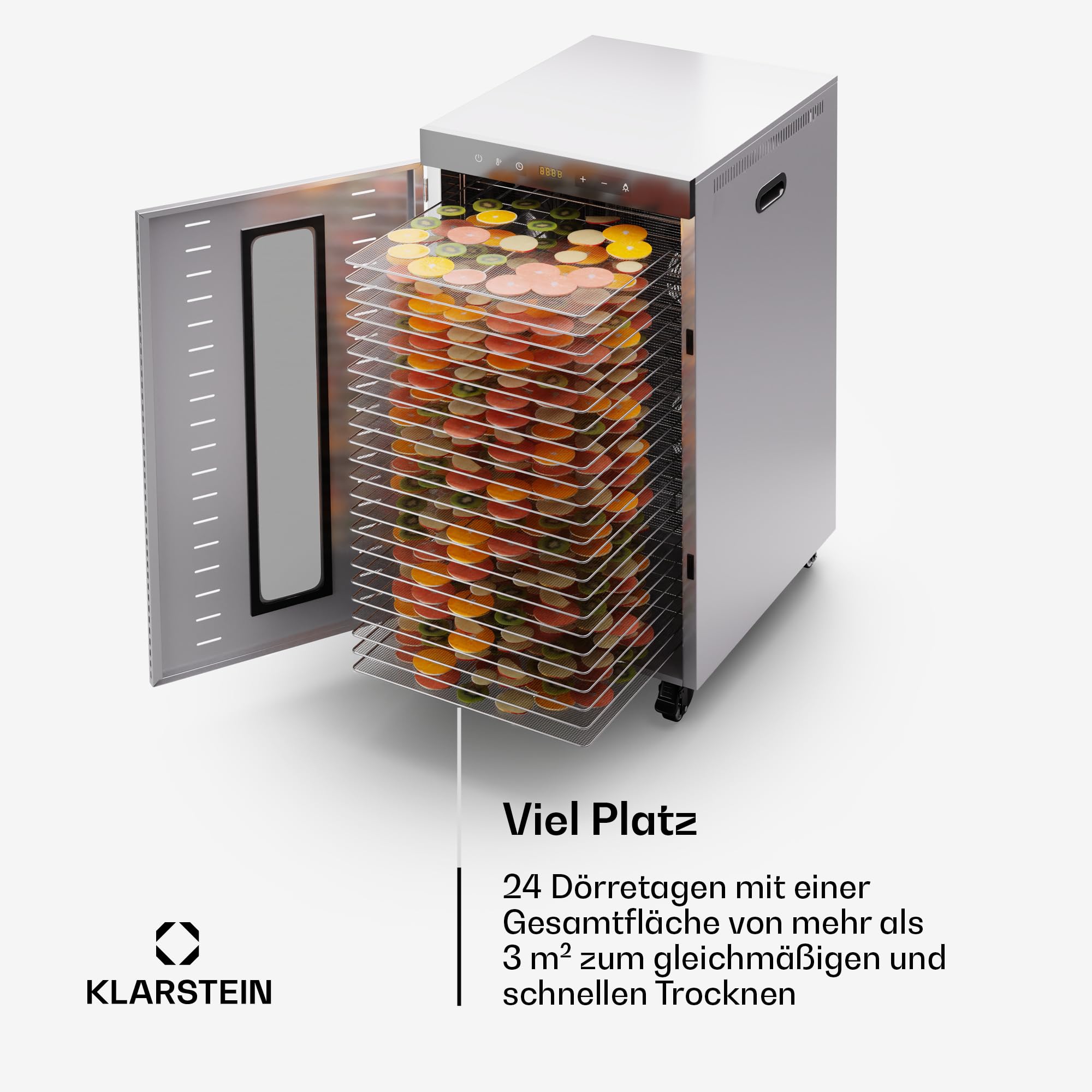 Klarstein Dörrautomat Edelstahl – 4.000-W-Dörrgerät, 48 Edelstahl-Einlegeböden, 30–90 °C, 24-Stunden-Timer, 6 Ventilatoren, 2 Trockenkammern, 50–55 dB, ideal für Obst, Gemüse, Fleisch, Kräuter, Silber