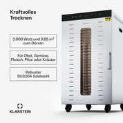 Klarstein Dörrautomat Edelstahl – 4.000-W-Dörrgerät, 48 Edelstahl-Einlegeböden, 30–90 °C, 24-Stunden-Timer, 6 Ventilatoren, 2 Trockenkammern, 50–55 dB, ideal für Obst, Gemüse, Fleisch, Kräuter, Silber