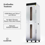Klarstein Dörrautomat Edelstahl – 4.000-W-Dörrgerät, 48 Edelstahl-Einlegeböden, 30–90 °C, 24-Stunden-Timer, 6 Ventilatoren, 2 Trockenkammern, 50–55 dB, ideal für Obst, Gemüse, Fleisch, Kräuter, Silber