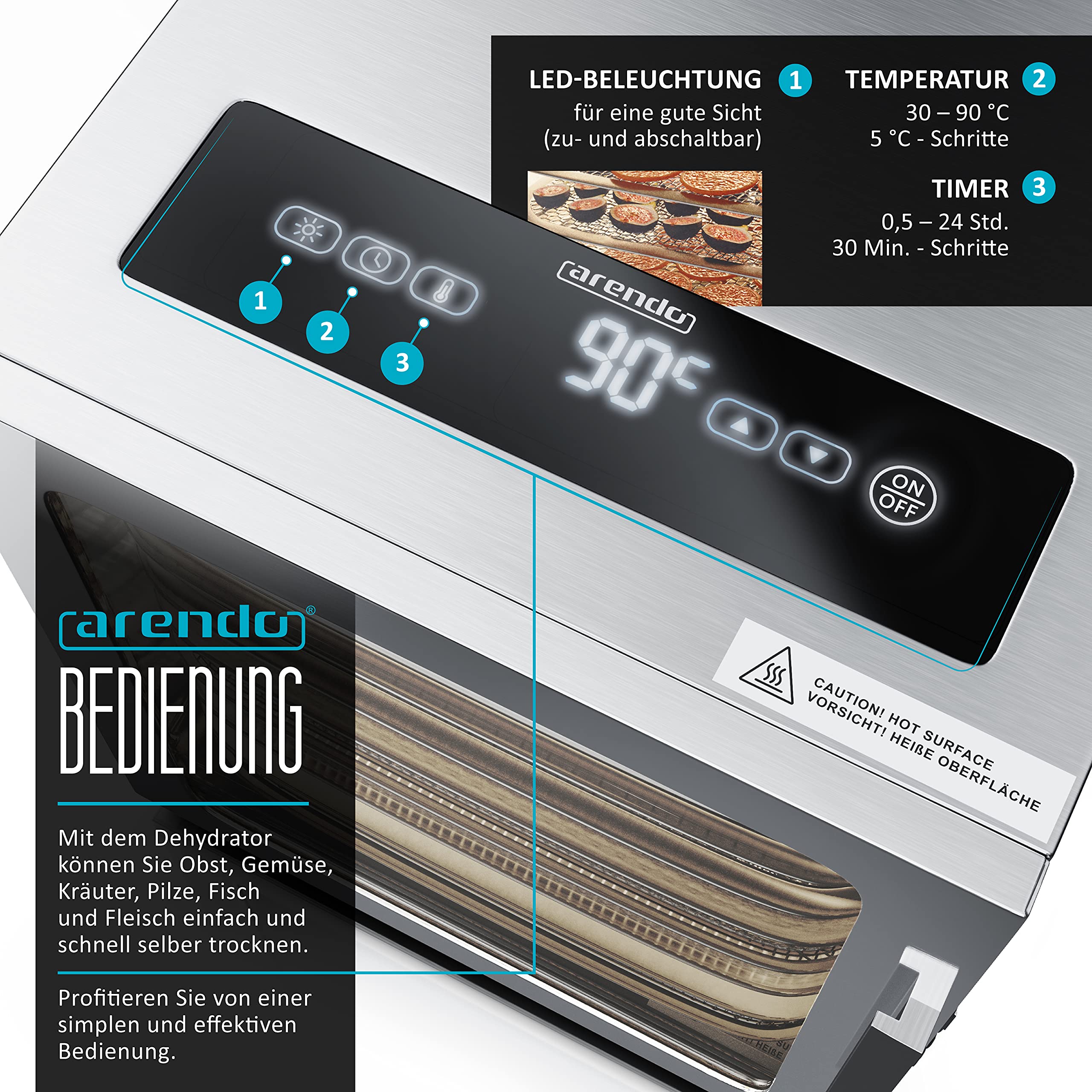 Arendo - Stainless steel dehydrator 8-fold - 500 watts with temperature control - dehydrator for food meat fruits fruit mushrooms - timer up to 24 hours - 8 compartments - GS - dehydrator