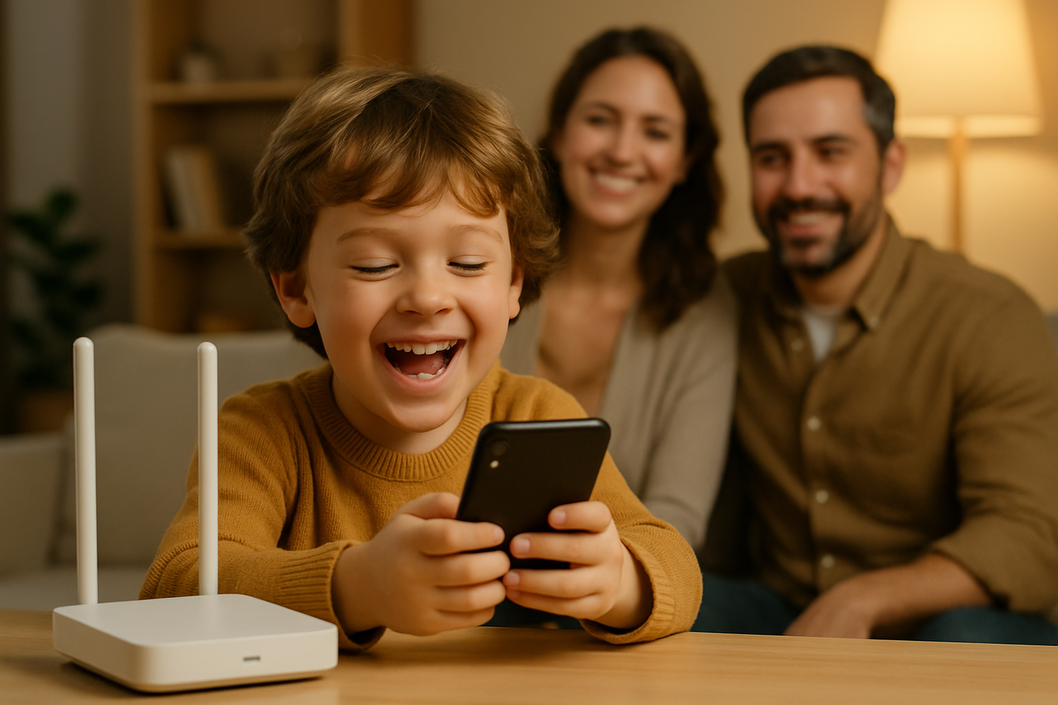 un enfant se réjout avec le téléphone à coté d'une routeur wifi et ses parents le regardent avec une sourire apparaît dans leurs visage